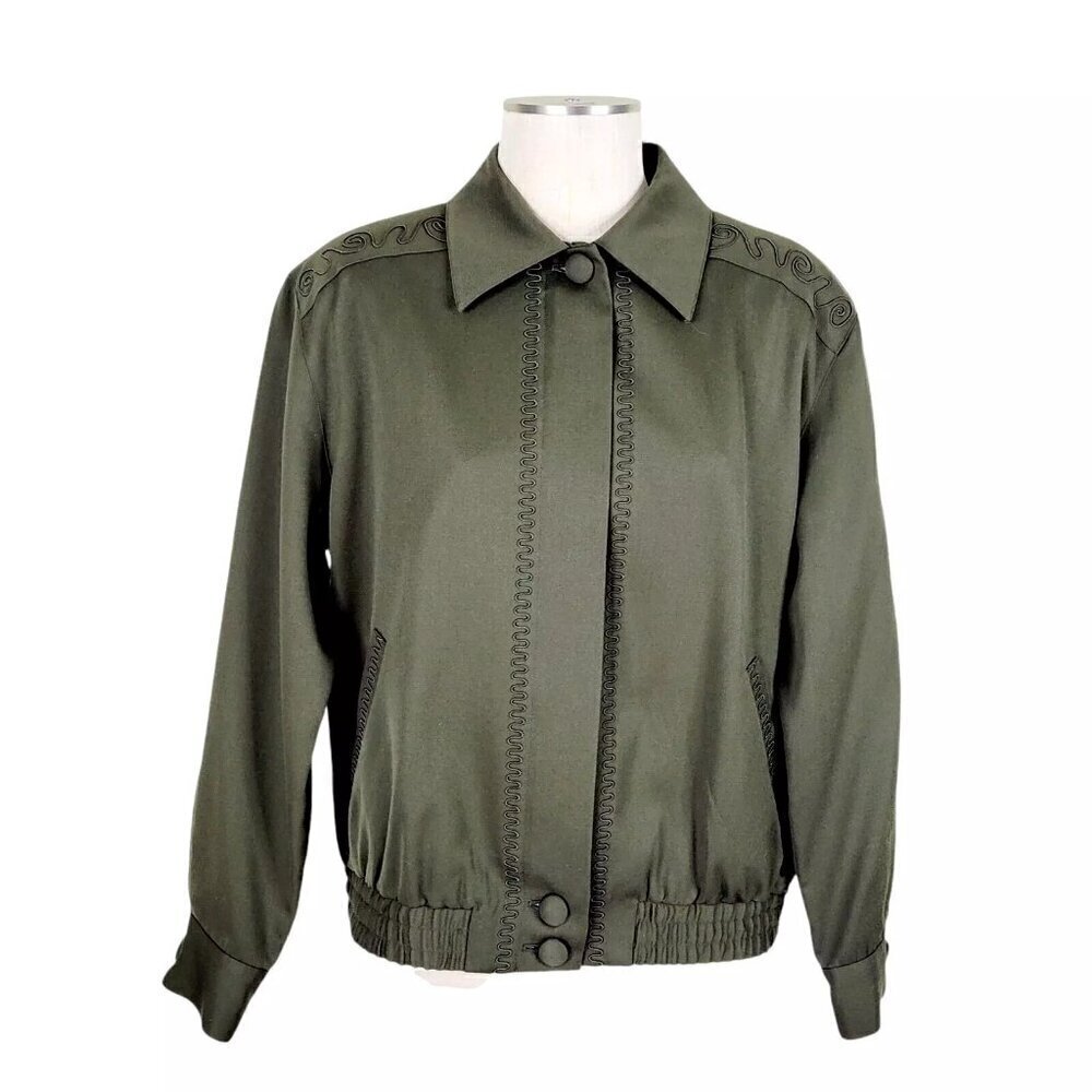 Suzelle Wool Jacket Size 12 Embroidered Full Front Zipper Buttons Pockets Green - Picture 2 of 13